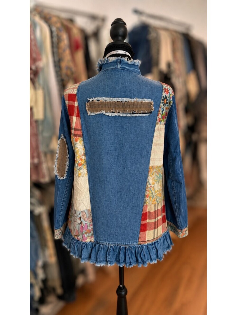 YOUNG THREADS Denim Patchwork Boho Shrug Jacket Ruffle NWT Small - Picture 2 of 5